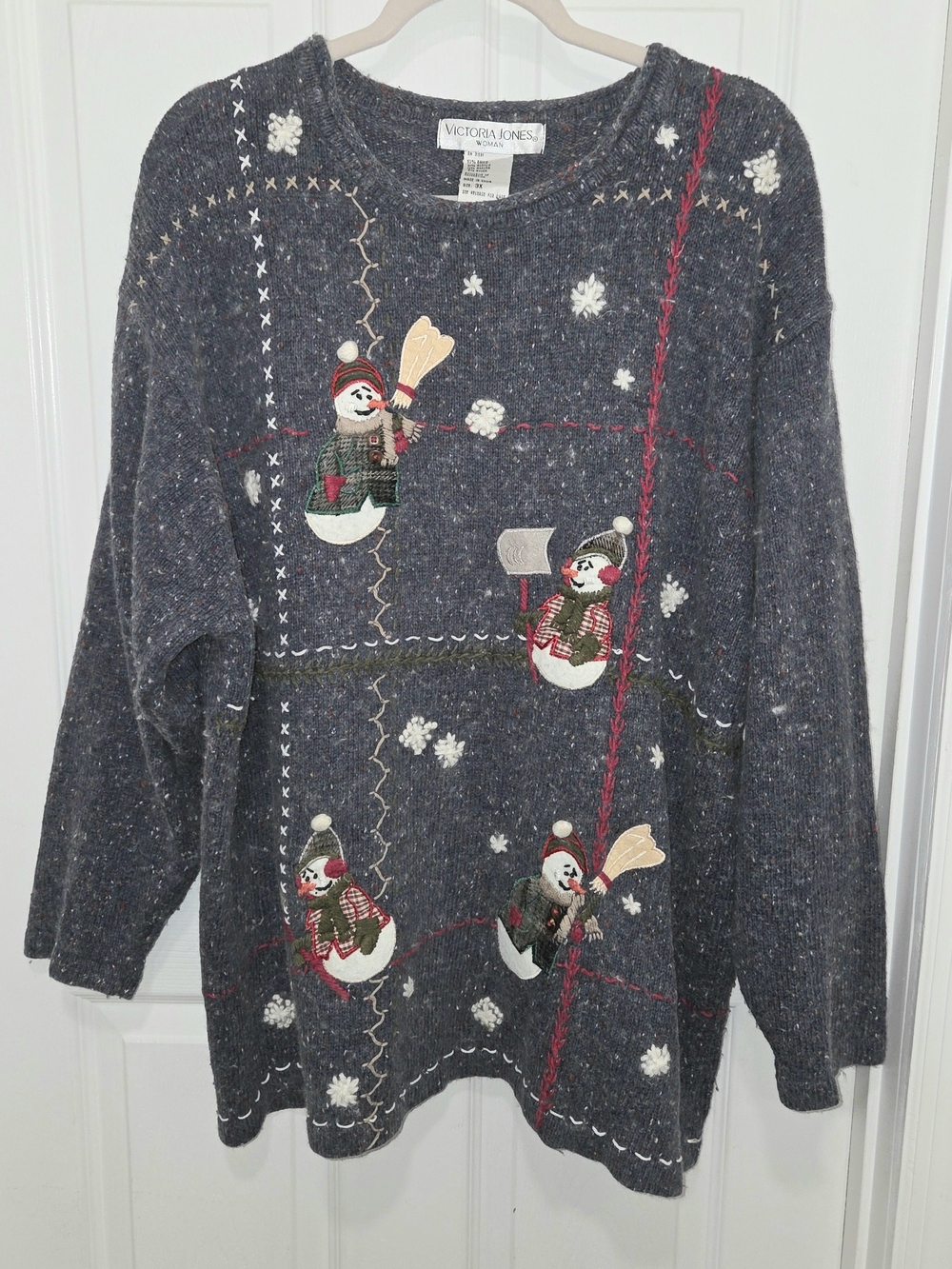 Vintage Women's Christmas Pullover Sweater Blue Snowmen Angora Holiday Sz 3X SEE